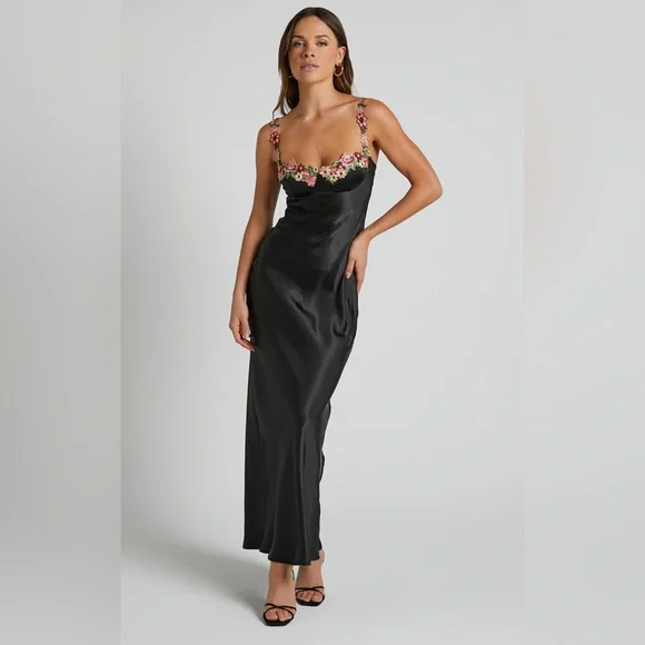 Nordstrom | Dresses | Function Fringe Edit Black Satin Slip Dress Floral  Embroidered Bodice | Poshmark